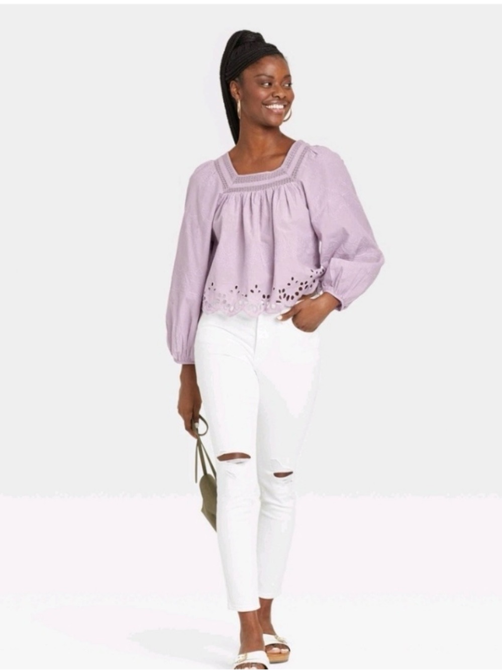 Pastel Purple Bishop Sleeve Blouse Cottagecore Prairie Square Neck Eyelet XS - Picture 2 of 13